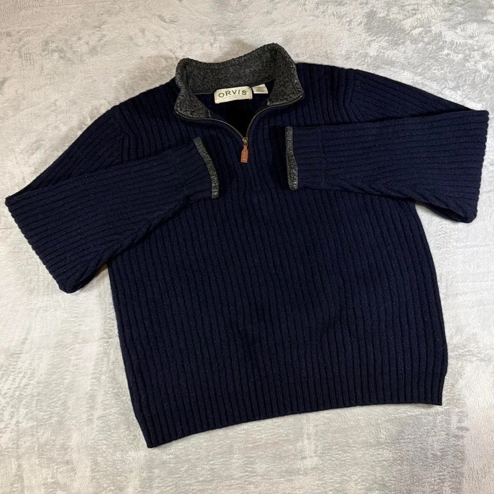 Vintage Orvis Rib Knit Quarter-Zip Lambswool Sweater | Navy Blue | Medium
